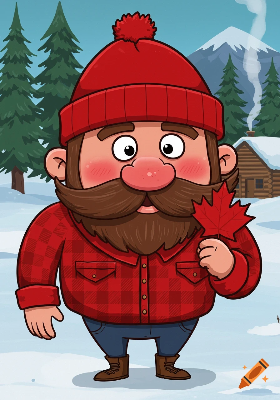 A cartoon lumberjack holding a red maple leaf in a snowy forest.