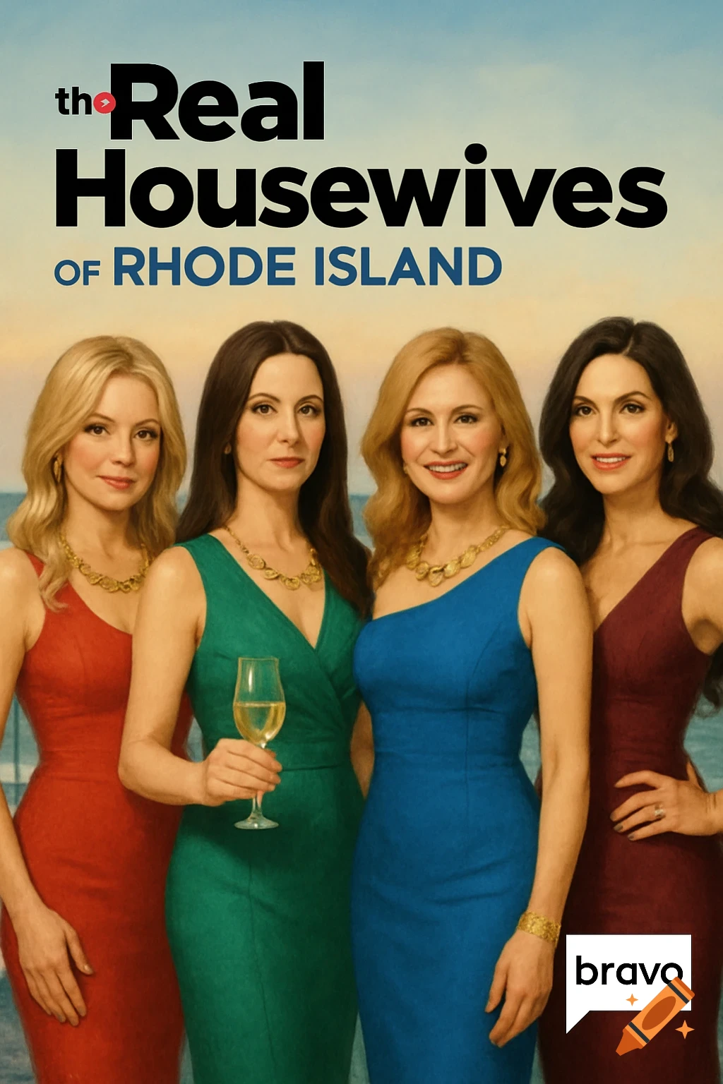 Poster for the Real Housewives of Rhode Island featuring four women in dresses by the ocean.