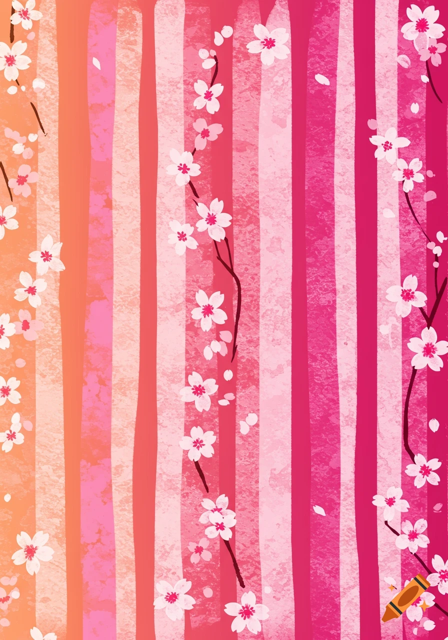 Illustration of cherry blossoms on a background of pink and orange stripes.