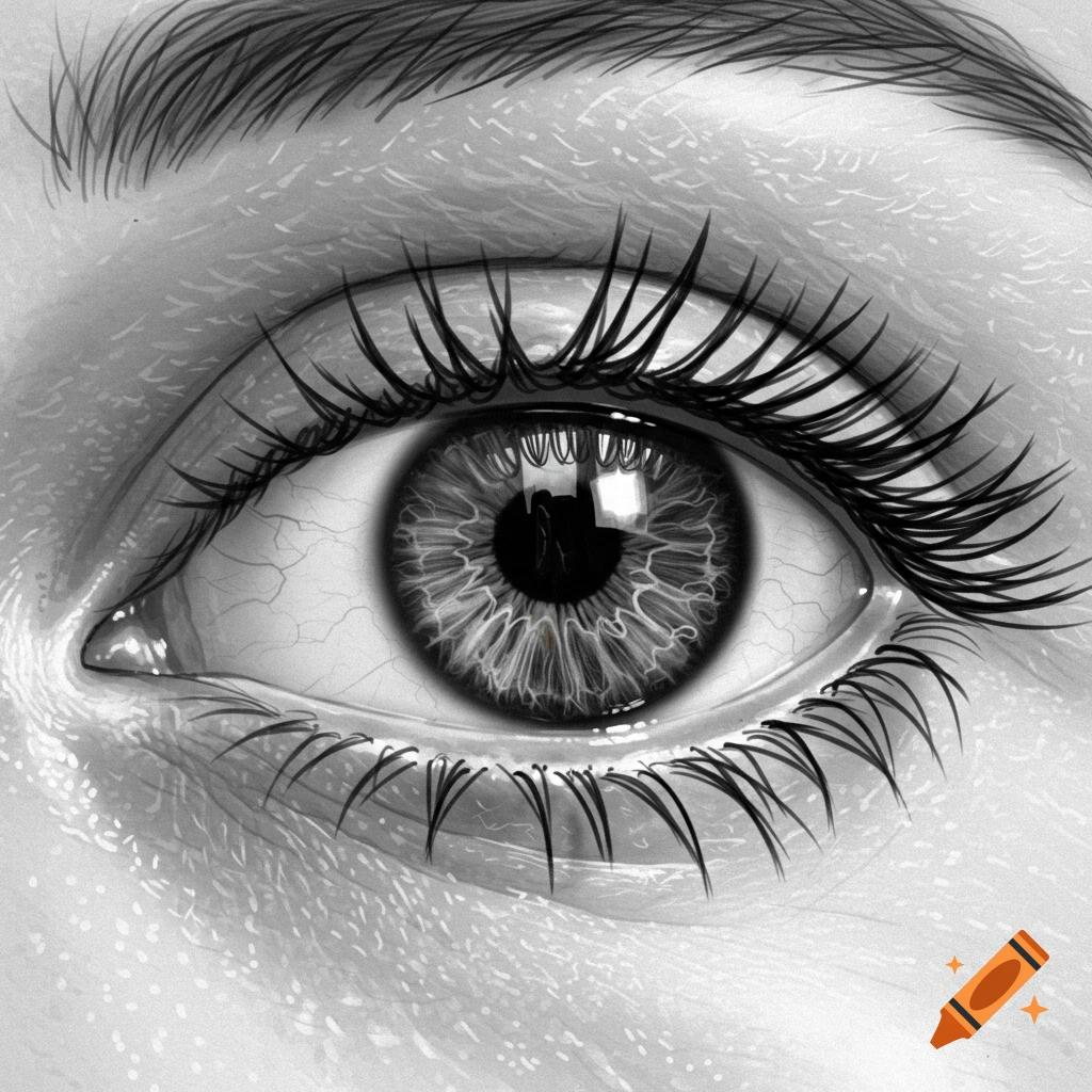 Detailed black and white drawing of a human eye.