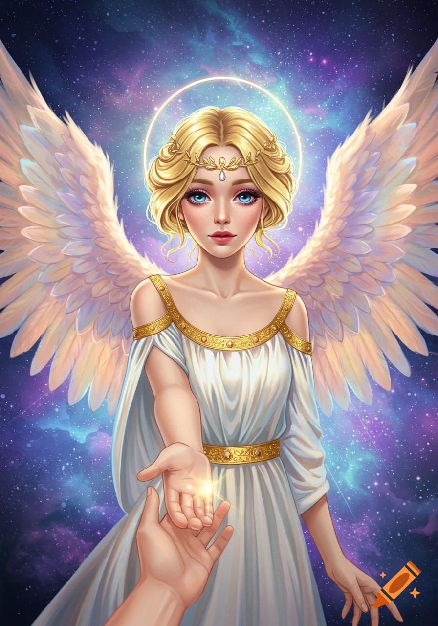 An angel with blonde hair and wings in a white dress reaches out a hand ...