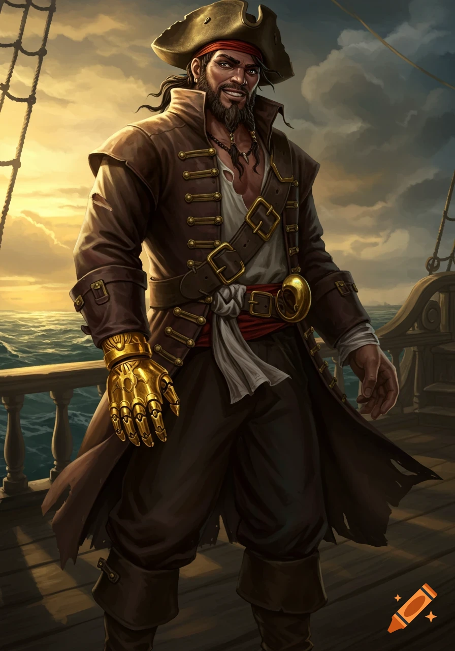 A rugged pirate with a golden mechanical hand stands on a ship deck at ...