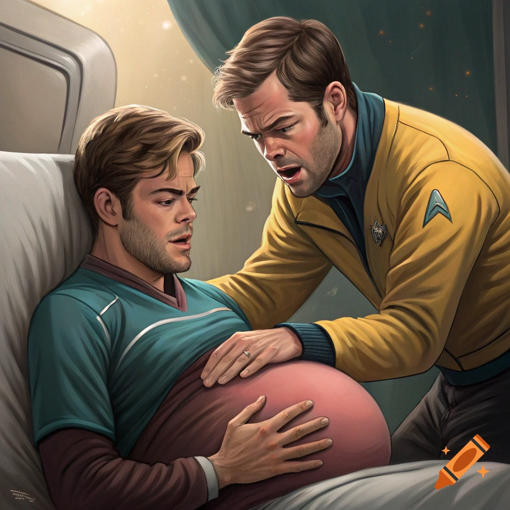 A man in a yellow Starfleet uniform comforts a pregnant man in a medical bed.