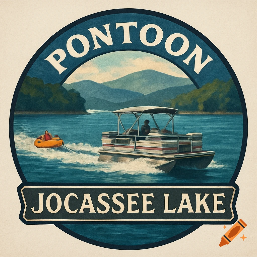 Illustration logo of a pontoon boat pulling a tube on a lake with mountains, text reads "PONTOON JOCASSEE LAKE".