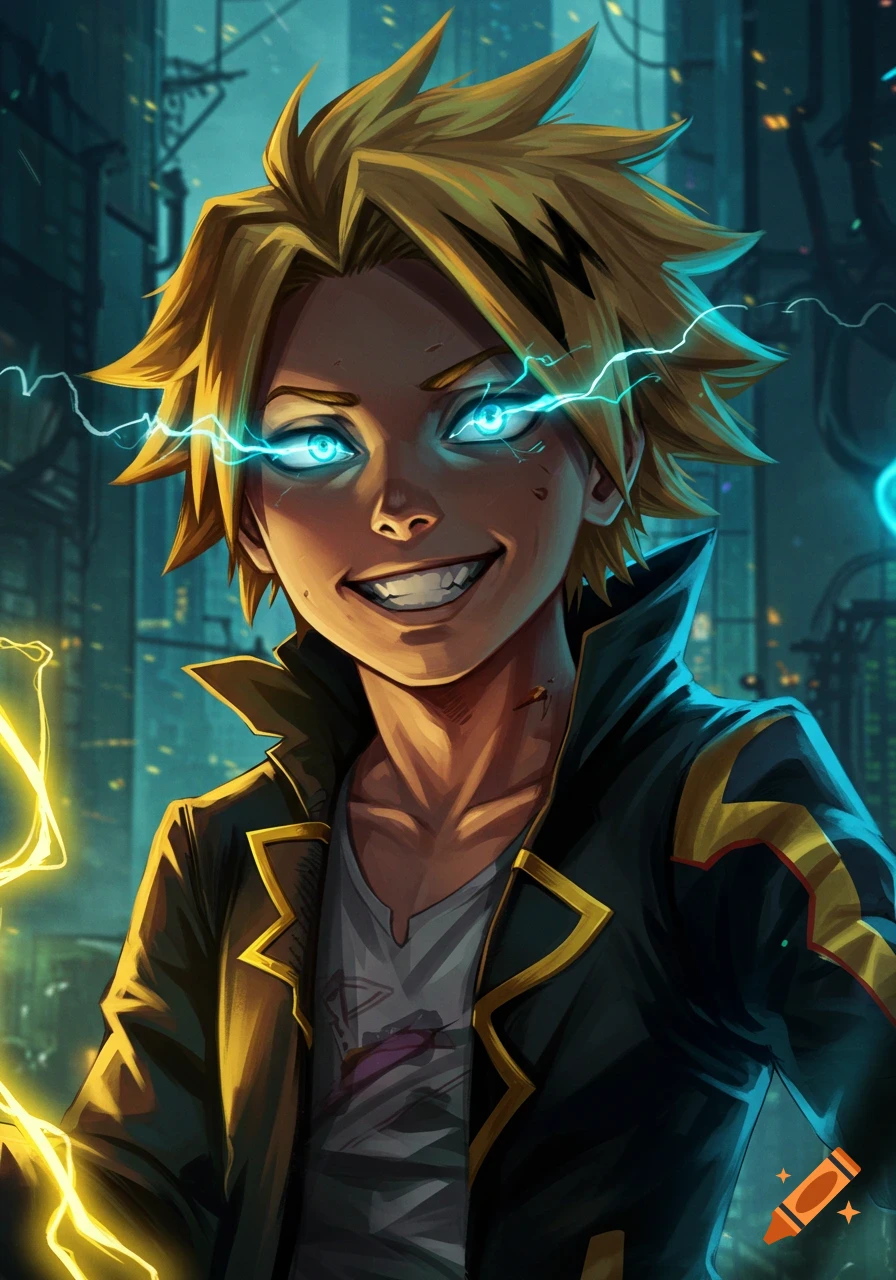 Denki Kaminari with glowing eyes and electricity in a dark, stylized setting