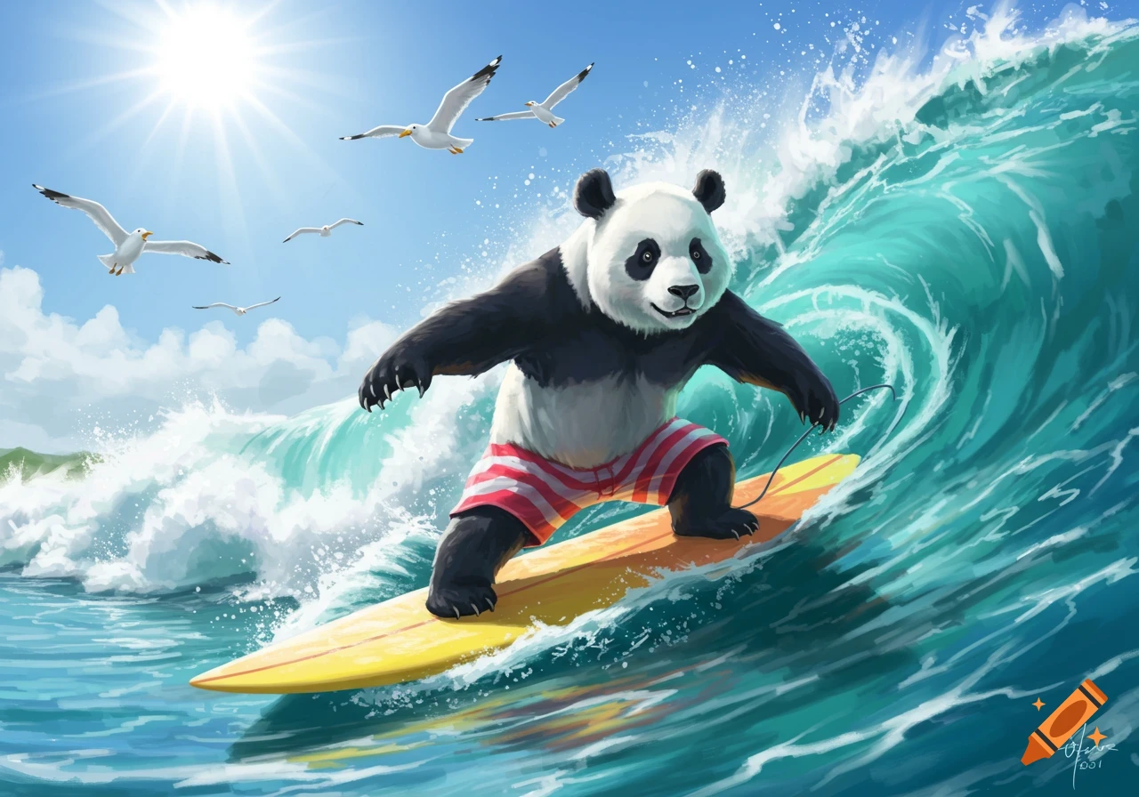 Illustration of a panda surfing a large wave in the ocean, with seagulls flying.