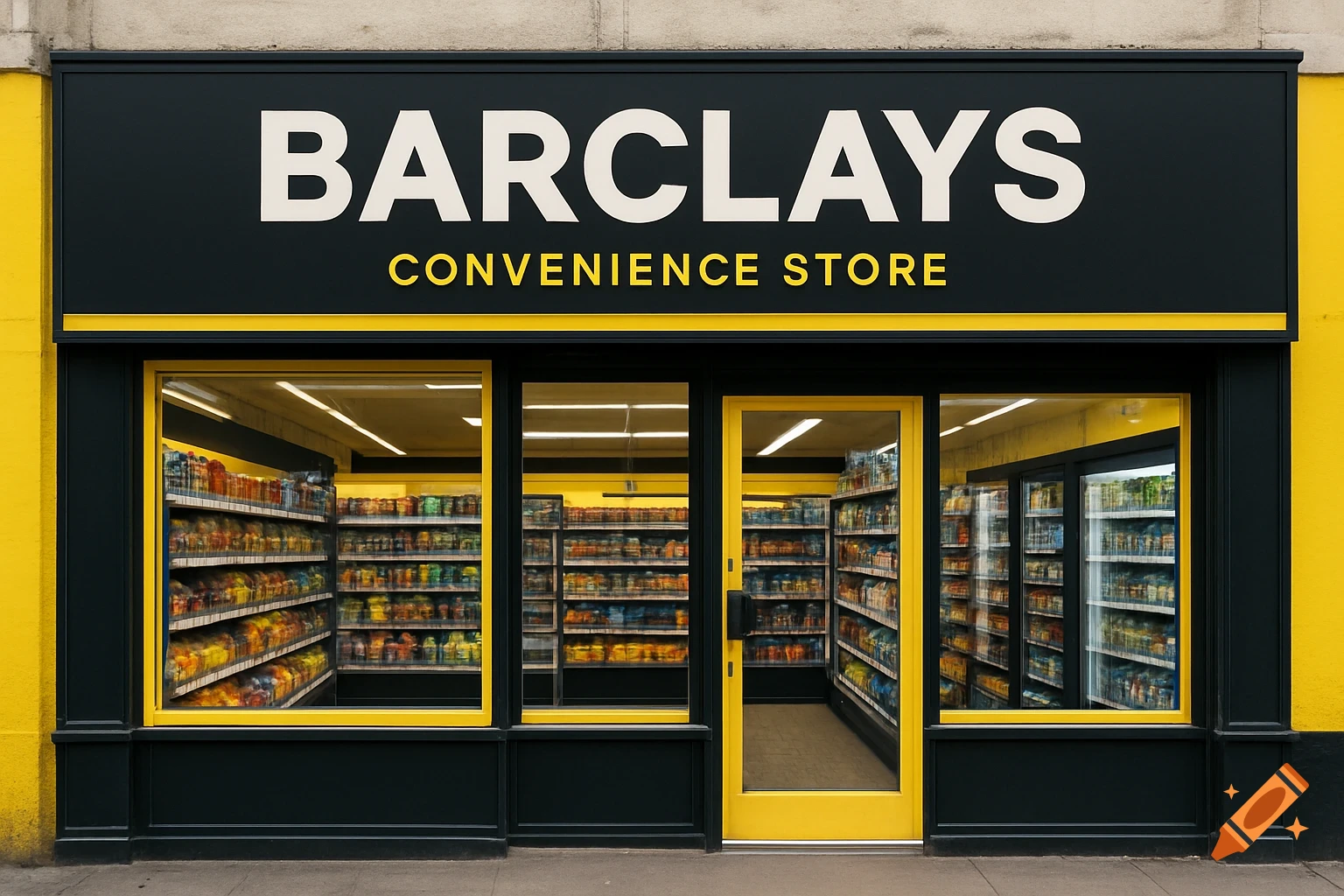 A Barclays Convenience Store storefront with black and yellow colors, photorealistic style.