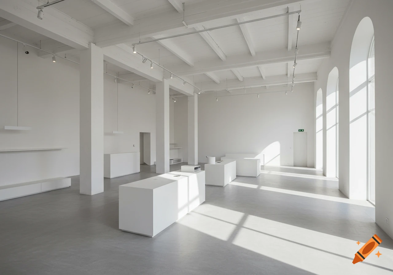 Bright, minimalist interior of a modern shop space with white walls, pillars, and display cubes, lit by large arched windows casting shadows.