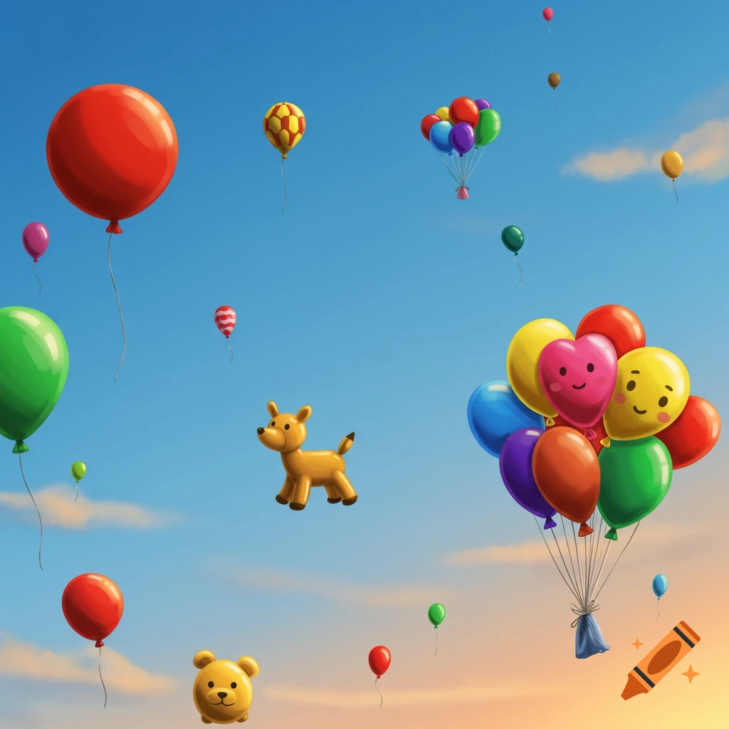 Colorful balloons and balloon animals float in a cloudy sky during sunset.