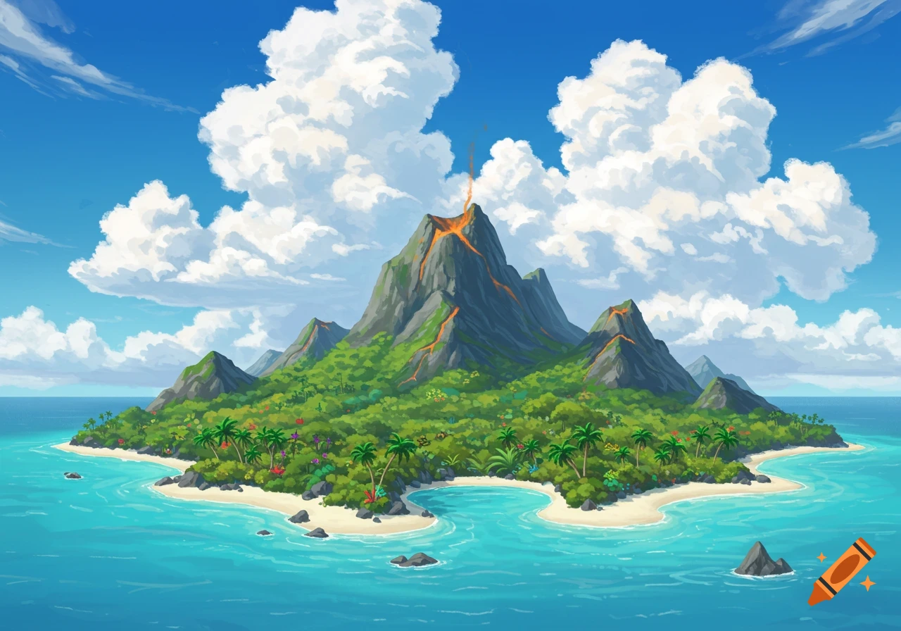Illustrated tropical island with an erupting volcano, beaches, green foliage, and a cloudy sky.