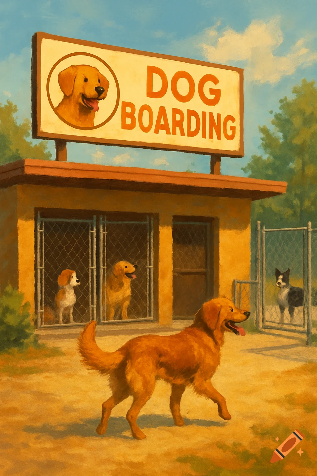 Painting of dogs outside and inside a dog boarding building