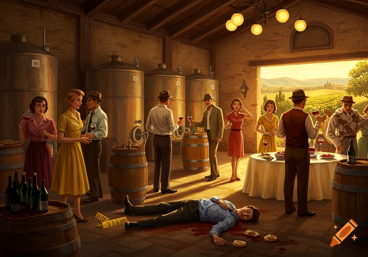A 1950s wine tasting party in a winery is disrupted by a dead body on the floor, indicating a murder mystery.