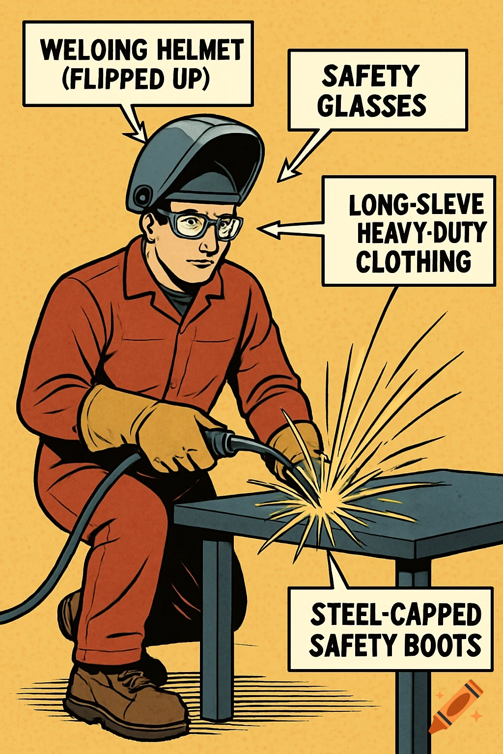 Comic style illustration of a welder in PPE, with text boxes labeling the welding helmet, safety glasses, clothing, and boots.