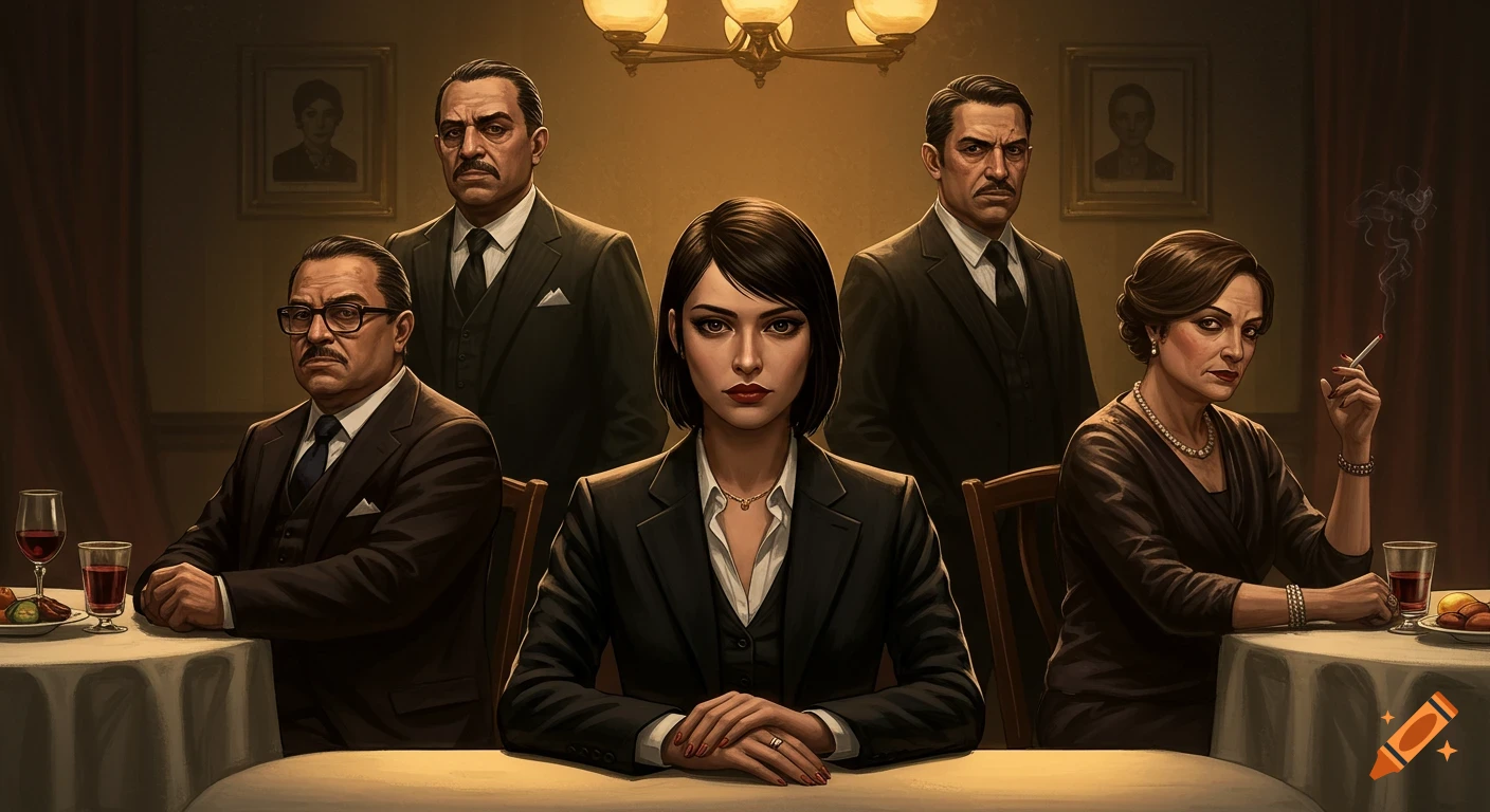 A portrait of a serious group of people, possibly a mafia family, seated around a table in a dimly lit room.