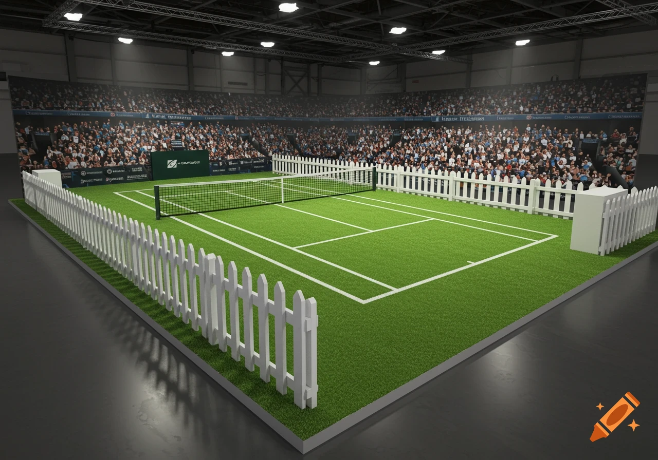 A small tennis court exhibition stand with a white fence and crowd in an arena.