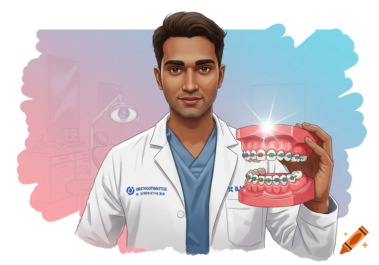 Illustration of an orthodontist holding a model of teeth with braces.