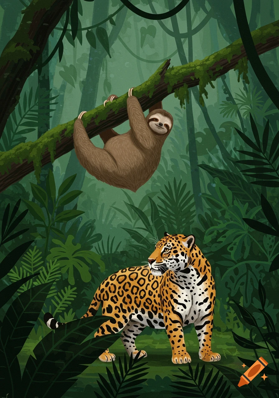 Illustration of a sloth hanging from a branch above a jaguar in a rainforest.
