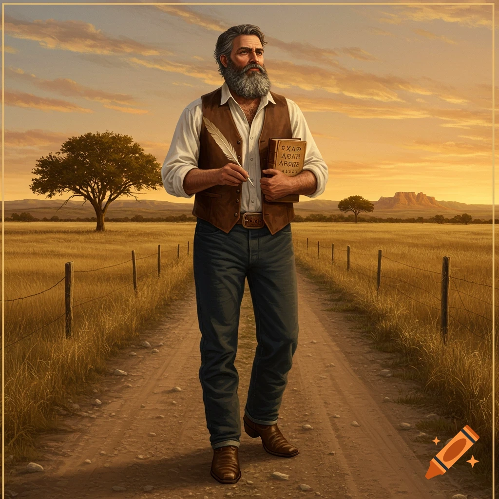 Bearded man in vest walks on dirt road in a field at sunset, holding a book and quill.