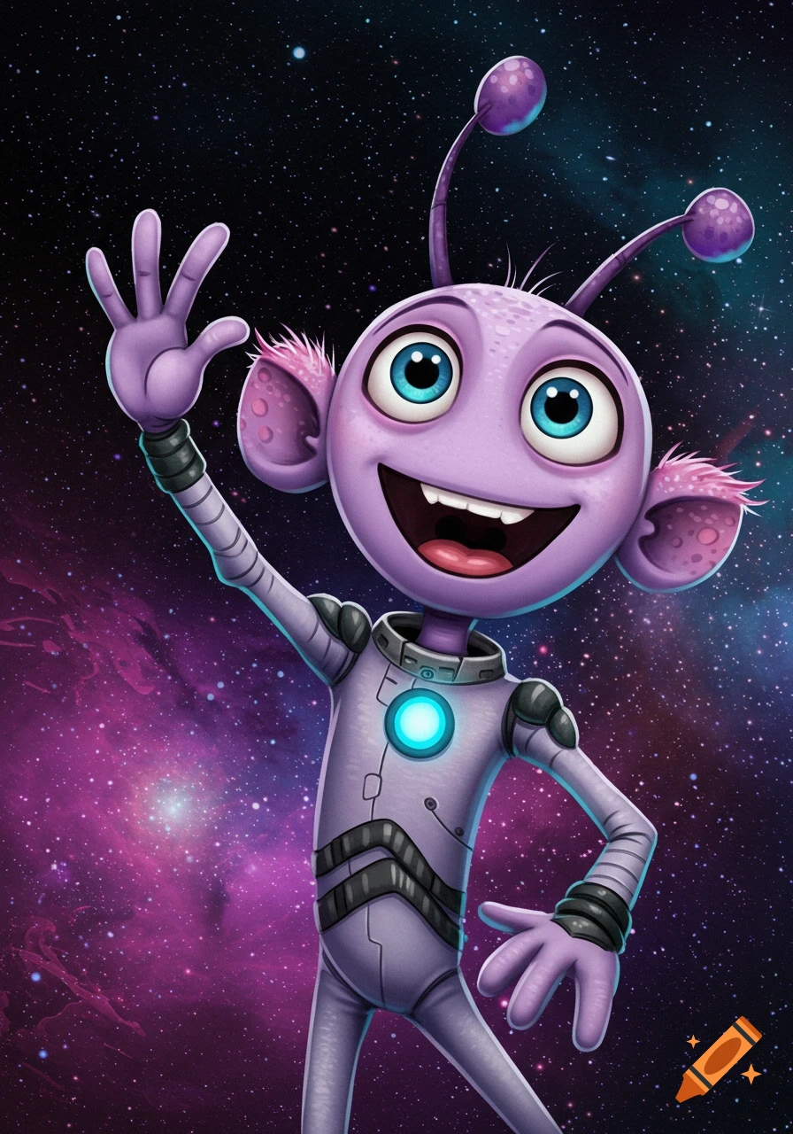 A cheerful purple cartoon alien in a space suit waves against a vibrant starry galaxy background.