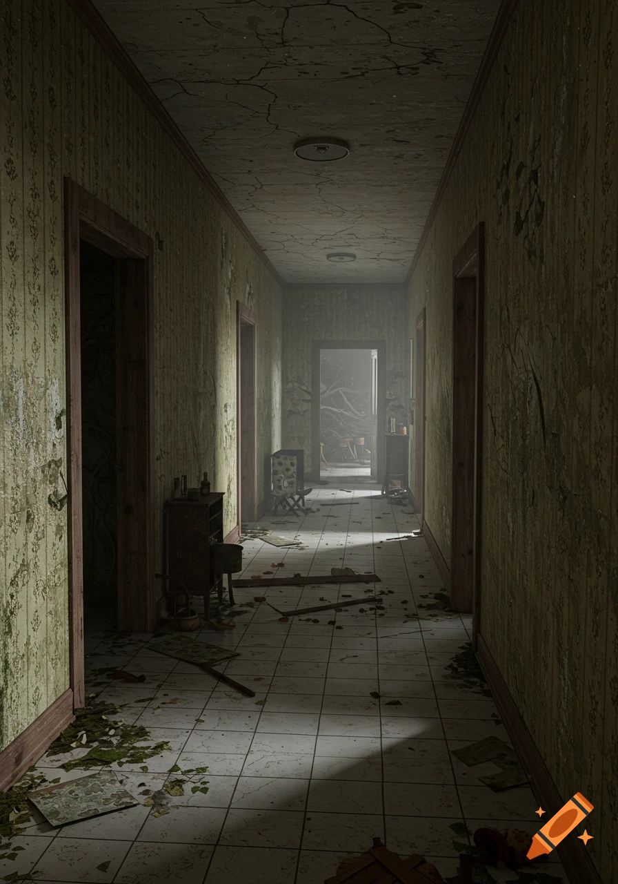 Dark, abandoned hallway with decaying wallpaper, cracked ceiling, debris on tiled floor, and open doors.