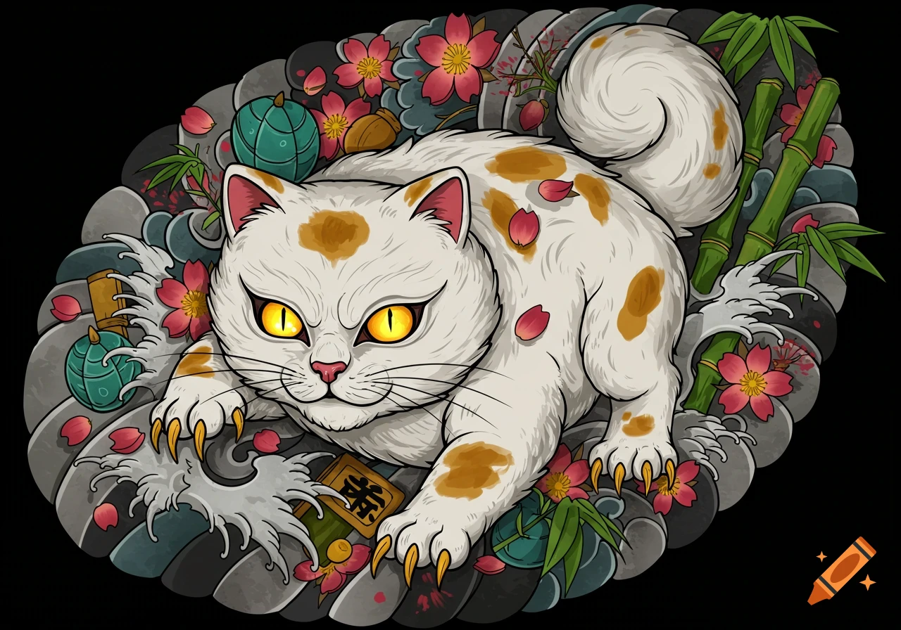 Japanese tattoo style illustration of a white cat with orange spots, yellow eyes, and claws, surrounded by waves, cherry blossoms, and bamboo.