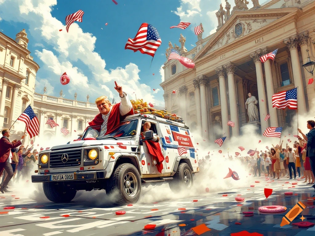 Person resembling Trump rides vehicle in parade with American flags and confetti in front of a large building.