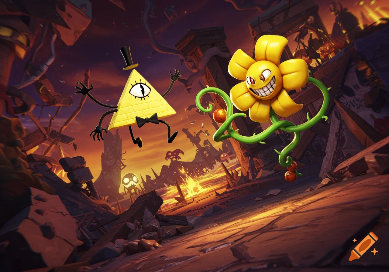 Bill Cipher and Flowey the Flower in a chaotic ruined landscape at sunset.