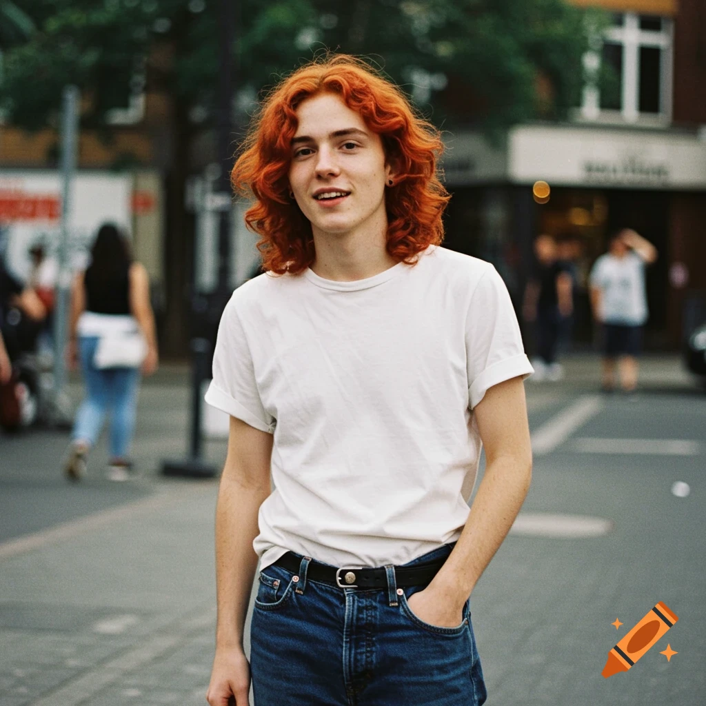 Young person with wavy red hair wearing a white t-shirt and jeans standing on a street