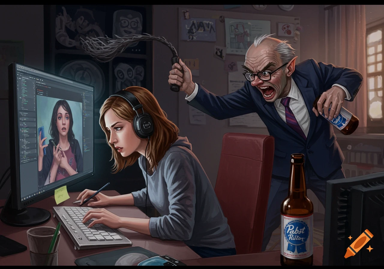 A woman codes intensely at a computer while an angry man with a whip and beer bottle shouts at her in an office setting. Stylized illustration.