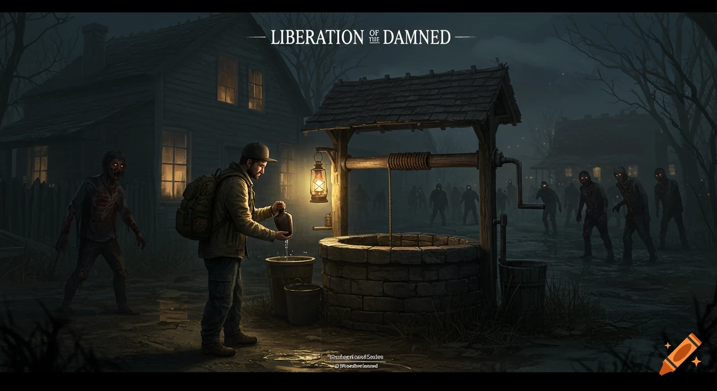 Survivor at a well at night surrounded by zombies in a spooky, dark illustration.