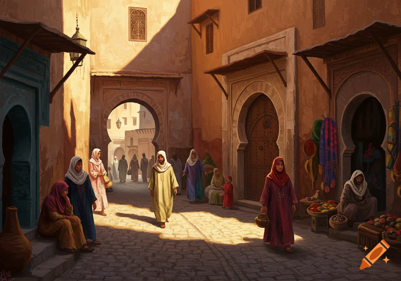 Painting of a sunny, busy marketplace street in an old town with people walking and sitting.
