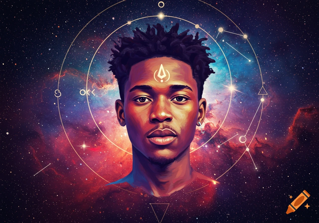 Digital art portrait of a man with a symbol on his forehead in front of a colorful space nebula with cosmic symbols.