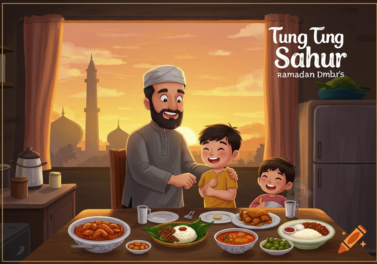 Illustration of a Muslim father and two sons eating Sahur during Ramadan.