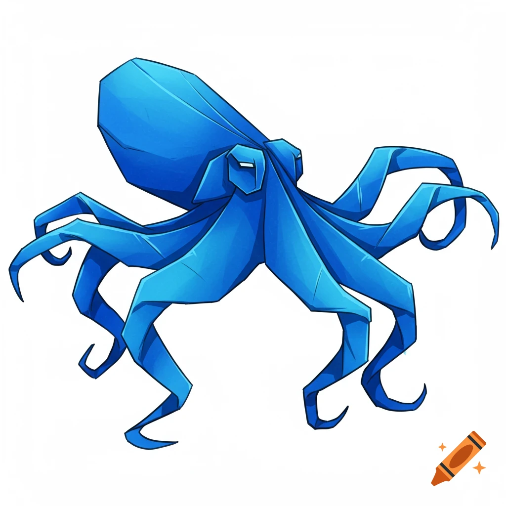 A blue origami octopus on a white background.