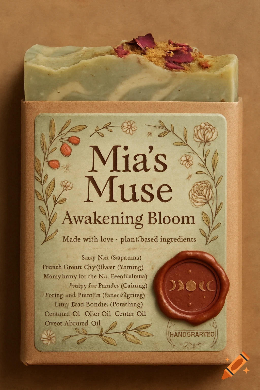 Close-up of artisan soap bar packaging with botanical illustrations and wax seal.