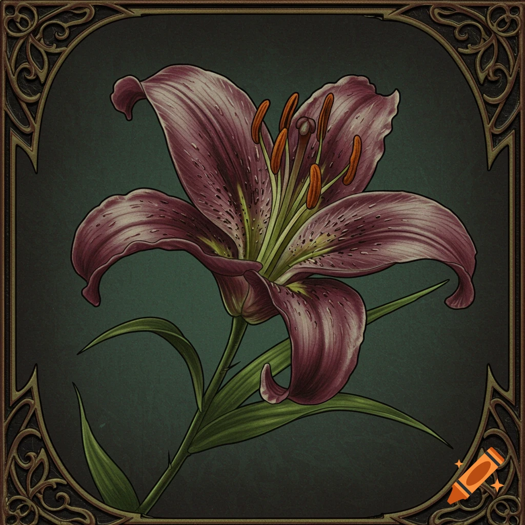 Illustration of a dark purple lily with green leaves in a decorative frame.