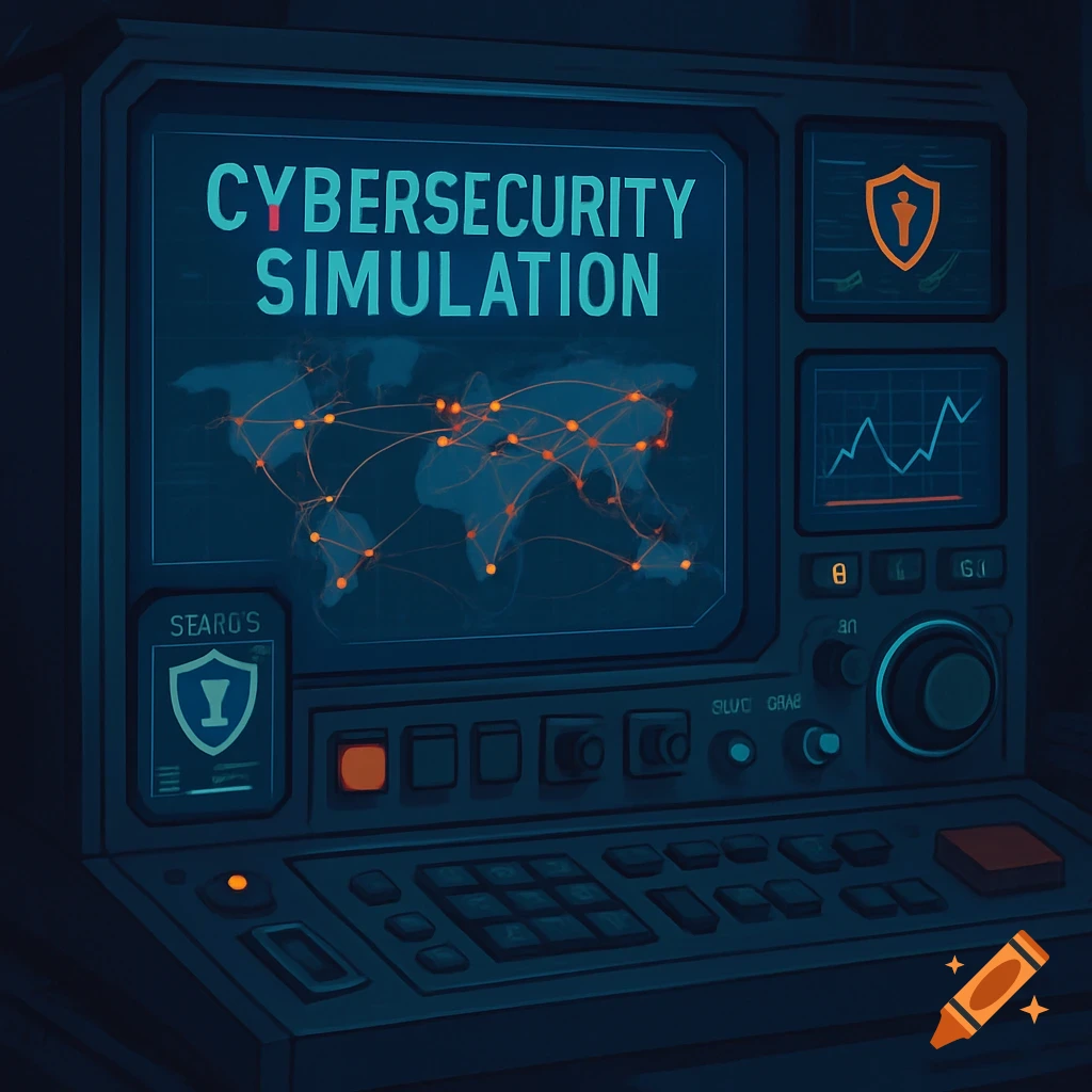 Stylized depiction of a cybersecurity simulation control panel screen ...