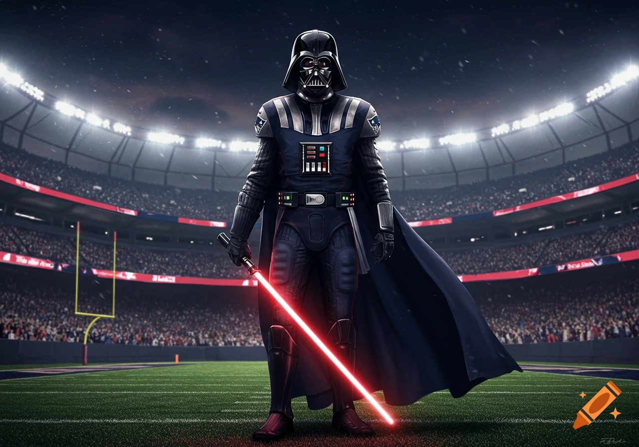 Darth Vader stands on a football field in a crowded stadium, holding a red lightsaber and wearing a New England Patriots logo.