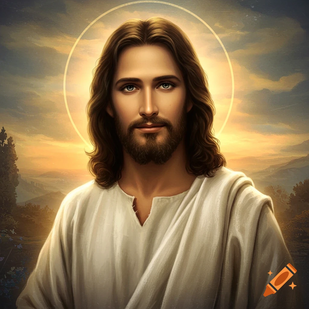 A detailed portrait of Jesus with long brown hair and a beard, wearing a white robe, against a radiant halo and a warm sunset sky.