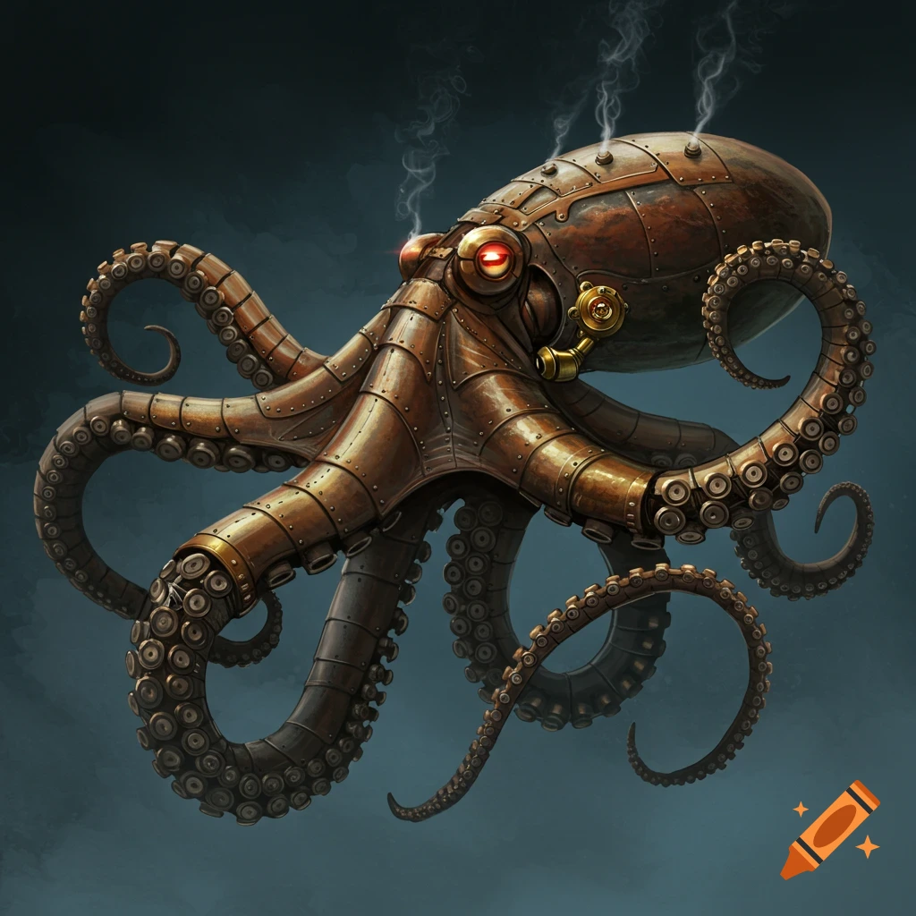 A detailed steampunk mechanical octopus with metal plating and glowing red eyes.
