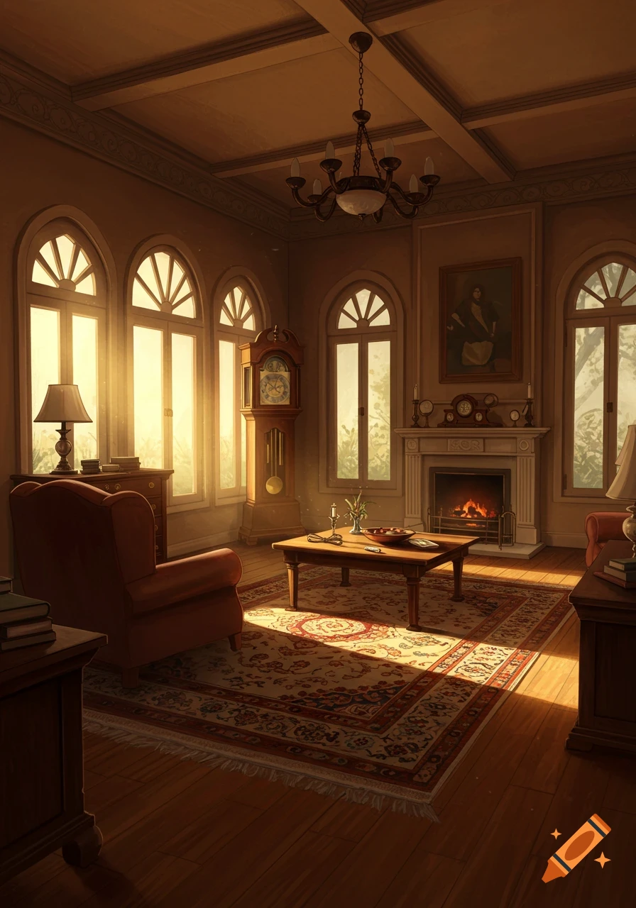 Detailed view of a warm, sunlit traditional room with a chair, table, fireplace, and grandfather clock.