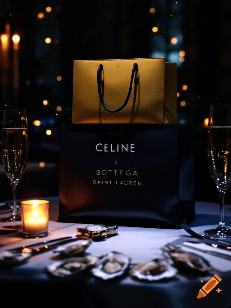 Dimly lit table with oysters, champagne, a watch, and luxury shopping bags.