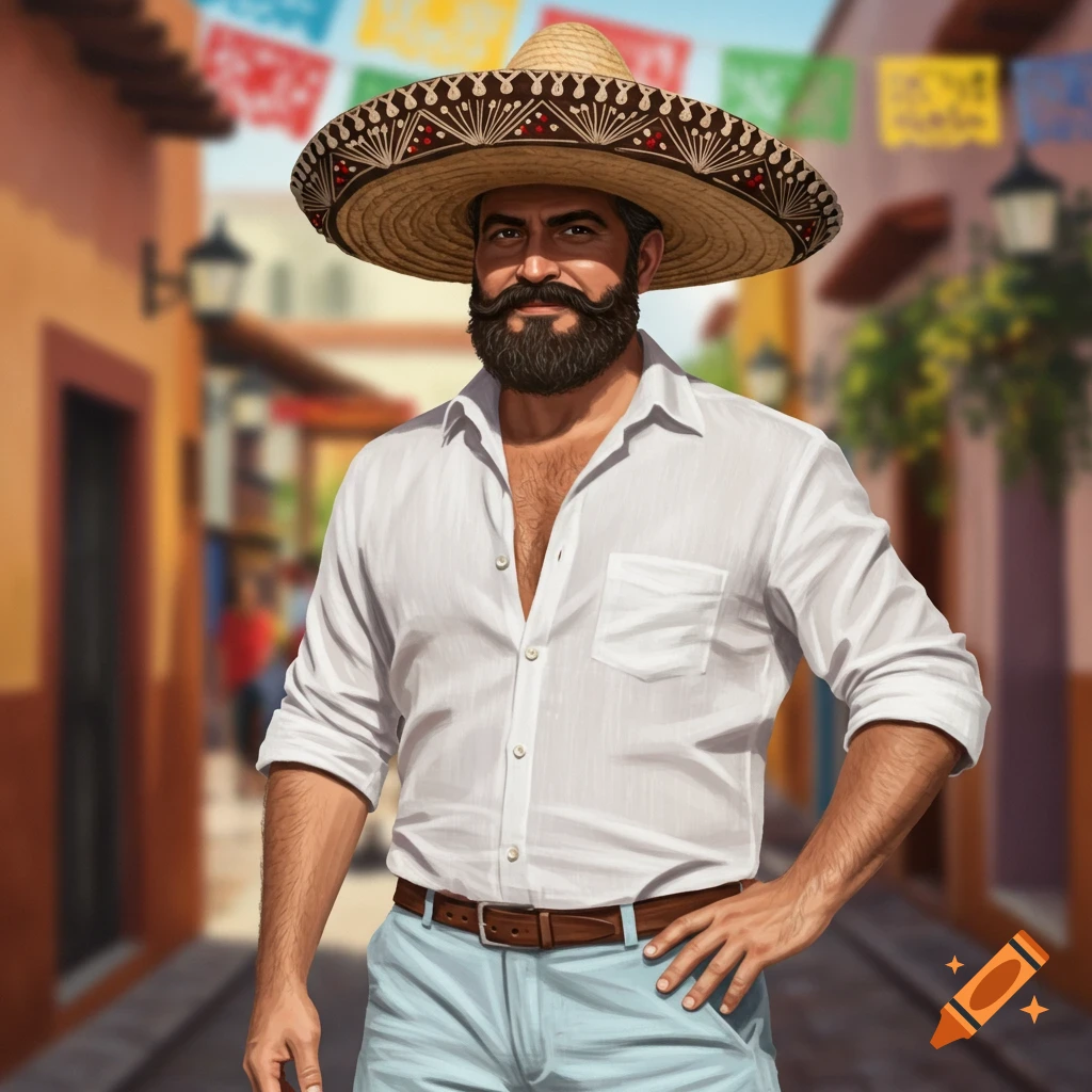 Man with beard and mustache wearing a sombrero, white shirt, and light blue pants standing on a street.