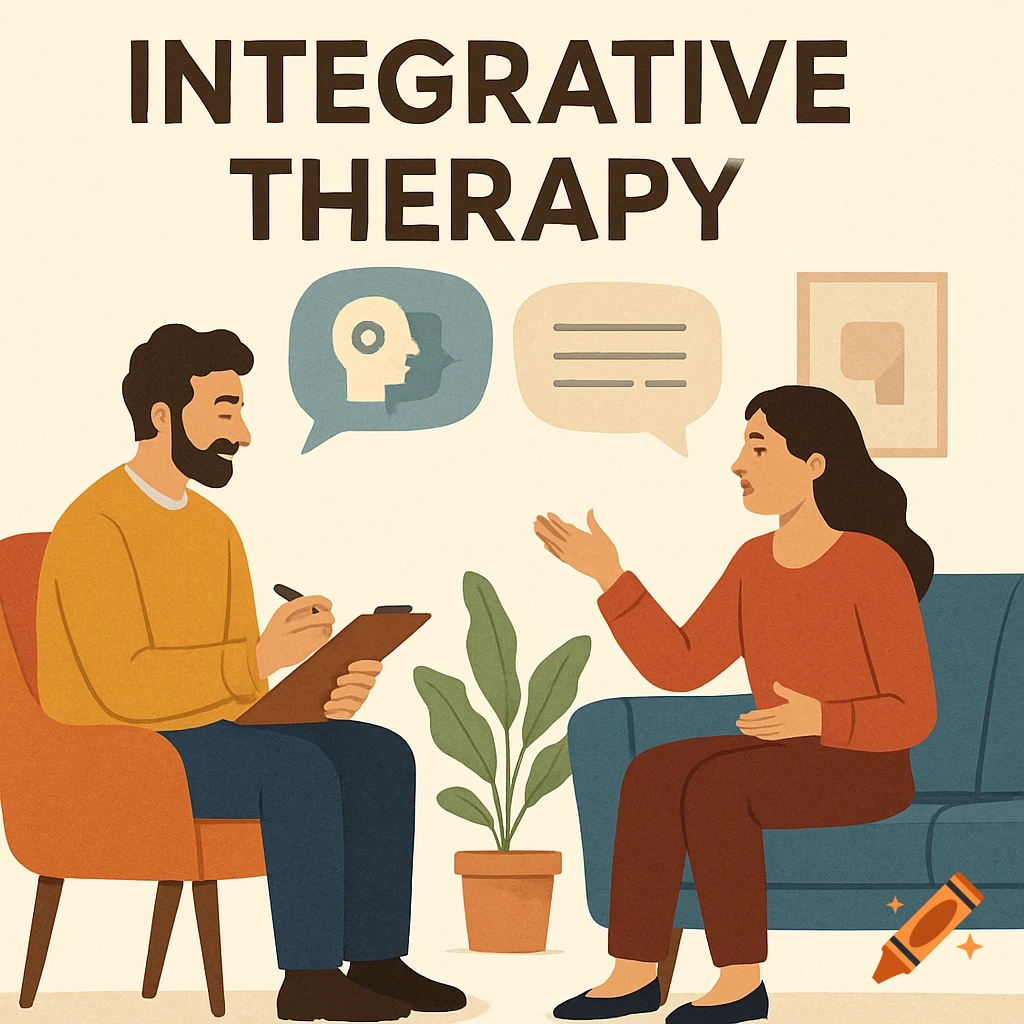 Illustration of a therapy session with text "INTEGRATIVE THERAPY" above.