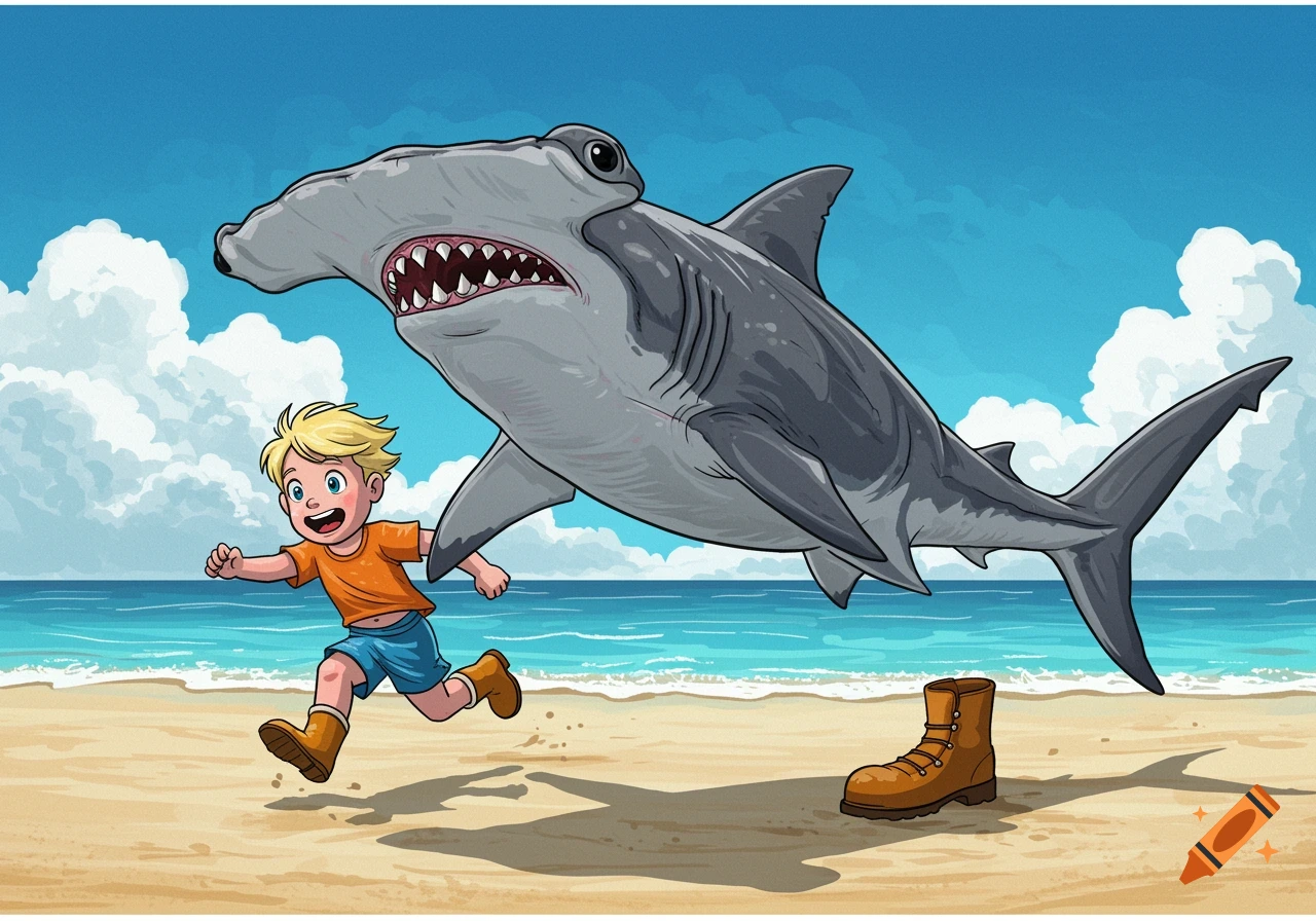 Cartoon hammerhead shark chases a boy on a beach with a boot on the sand in comic book style.