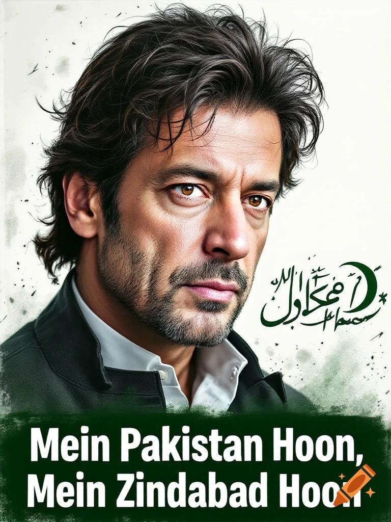 Portrait of a man resembling Imran Khan with the slogan 'Mein Pakistan Hoon, Mein Zindabad Hoon'.