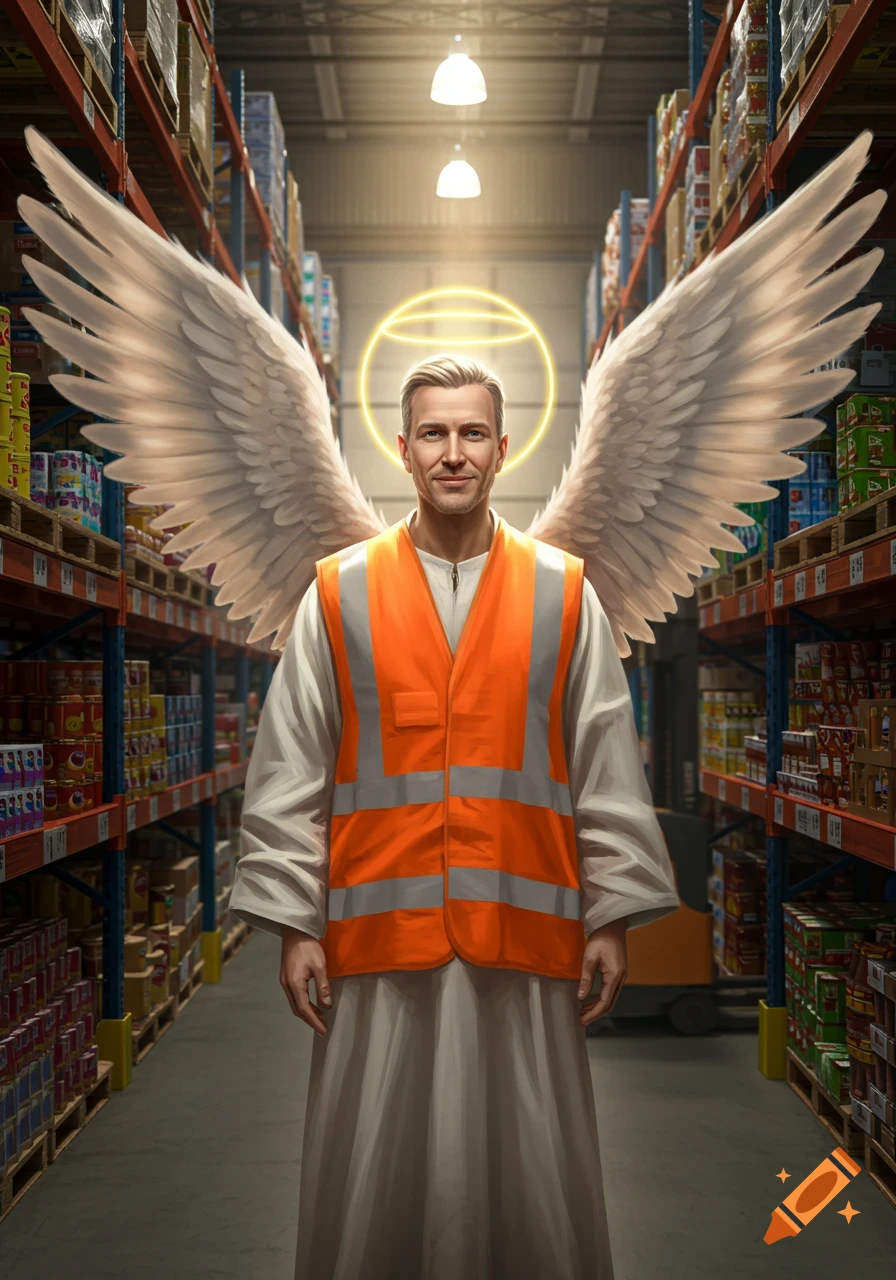 A man with large white wings and a halo wears an orange safety vest over a white robe, standing in a warehouse aisle.