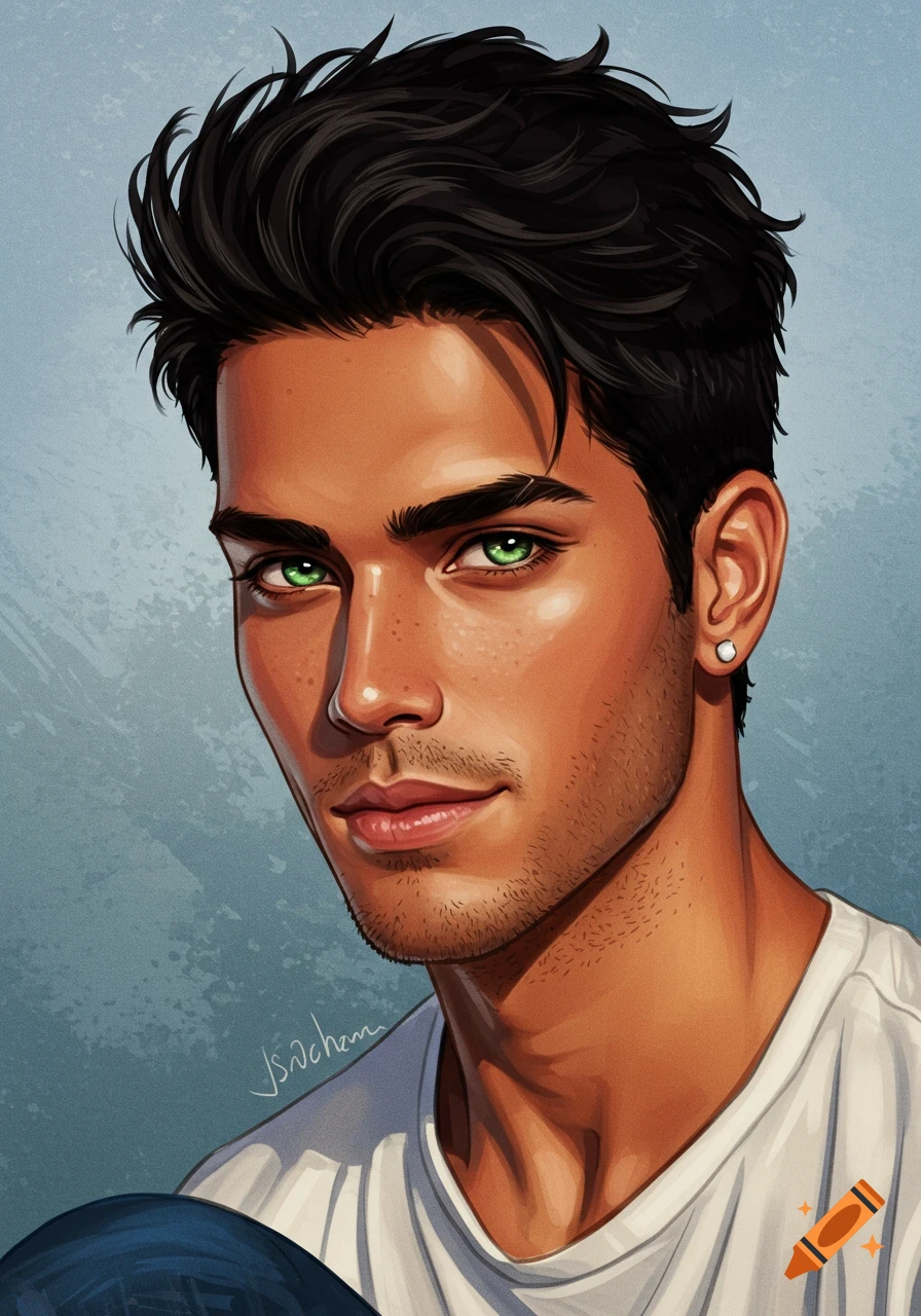 Digital illustration portrait of a young man with tan skin, black hair, and bright green eyes.