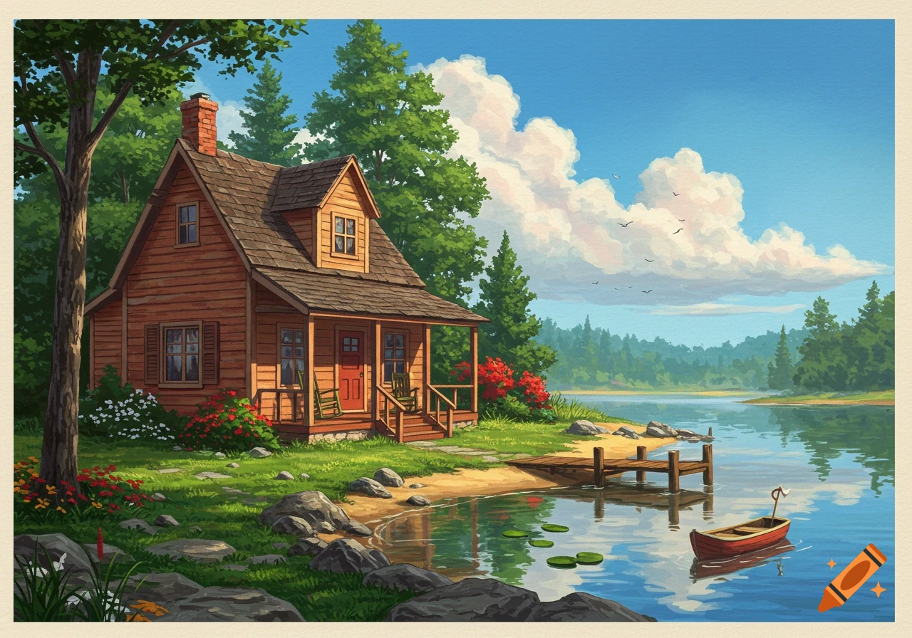 Illustration of a rustic wooden cabin by a tranquil lake, surrounded by trees and grass under a blue sky.