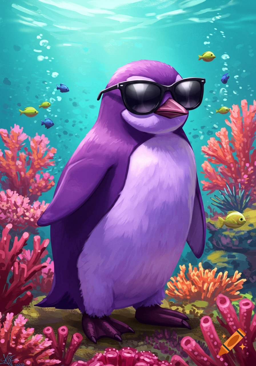 A purple penguin wearing sunglasses stands underwater among coral and fish in an illustration.